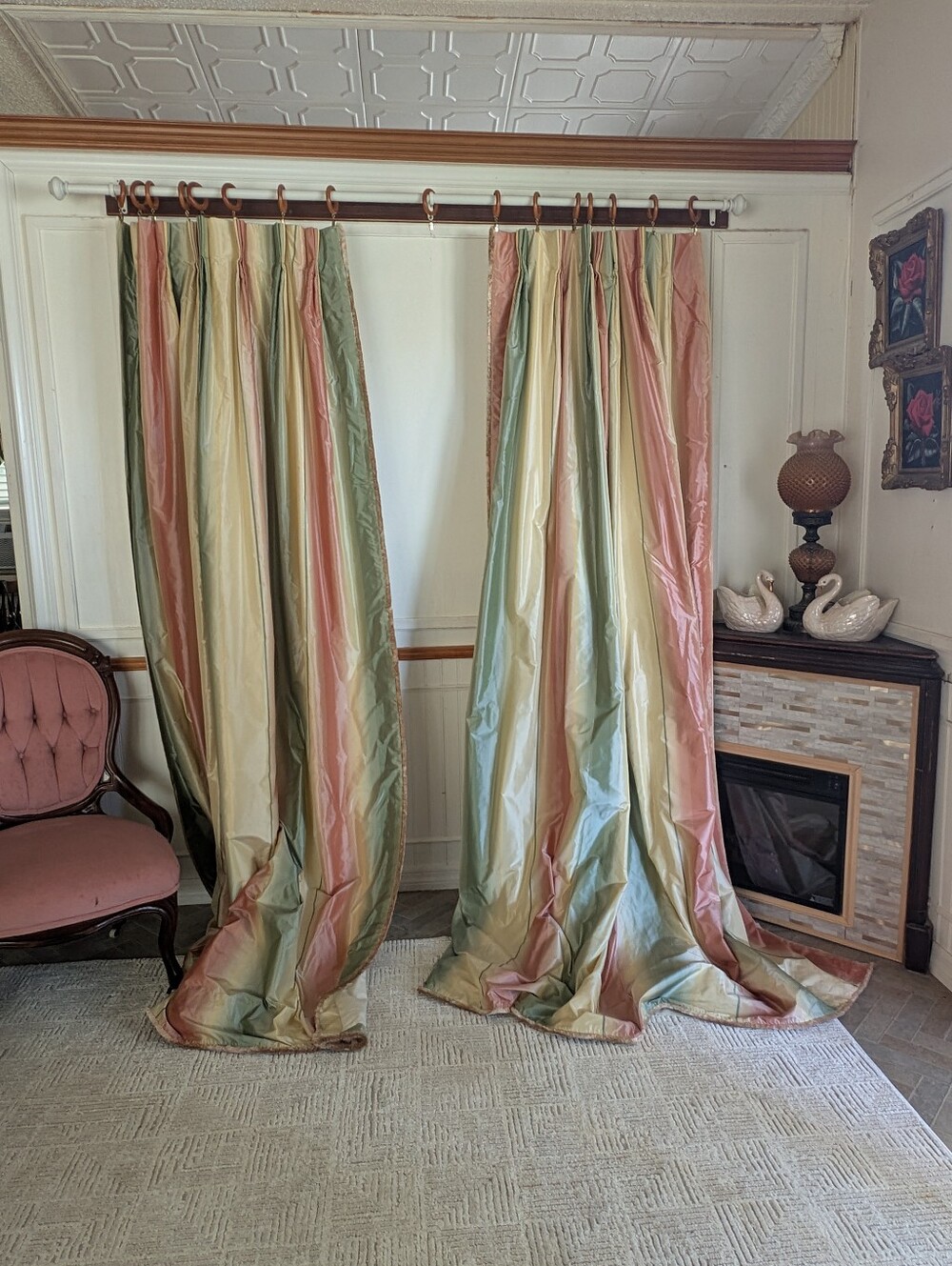 Custom Silk Drapes Pinch Pleat Lined/Interlined Striped 104W x 97.5L Fringe USA